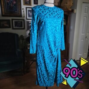 Vintage 90s Silk Studio Teal Leopard Print Long Sleeve Ruched Midi Dress